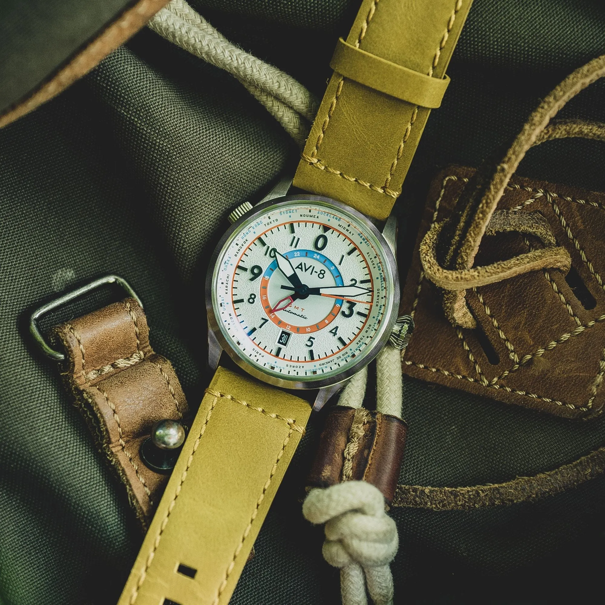AVI-8 Flyboy Sand Green Wingman Worldtimer GMT Automatic AV-4120-02
