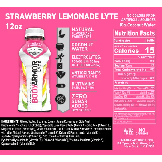 BODYARMOR LYTE Strawberry Lemonade, 12 fl oz, 8 Pack