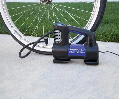 Bon-Aire 12V Tire Inflator With this12 Volt tire inflator with digital gauge and work light you can preset the PS and will auto shut off once it reaches the desired PSi-431251
