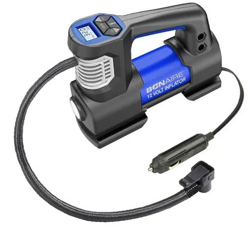 Bon-Aire 12V Tire Inflator With this12 Volt tire inflator with digital gauge and work light you can preset the PS and will auto shut off once it reaches the desired PSi-431251