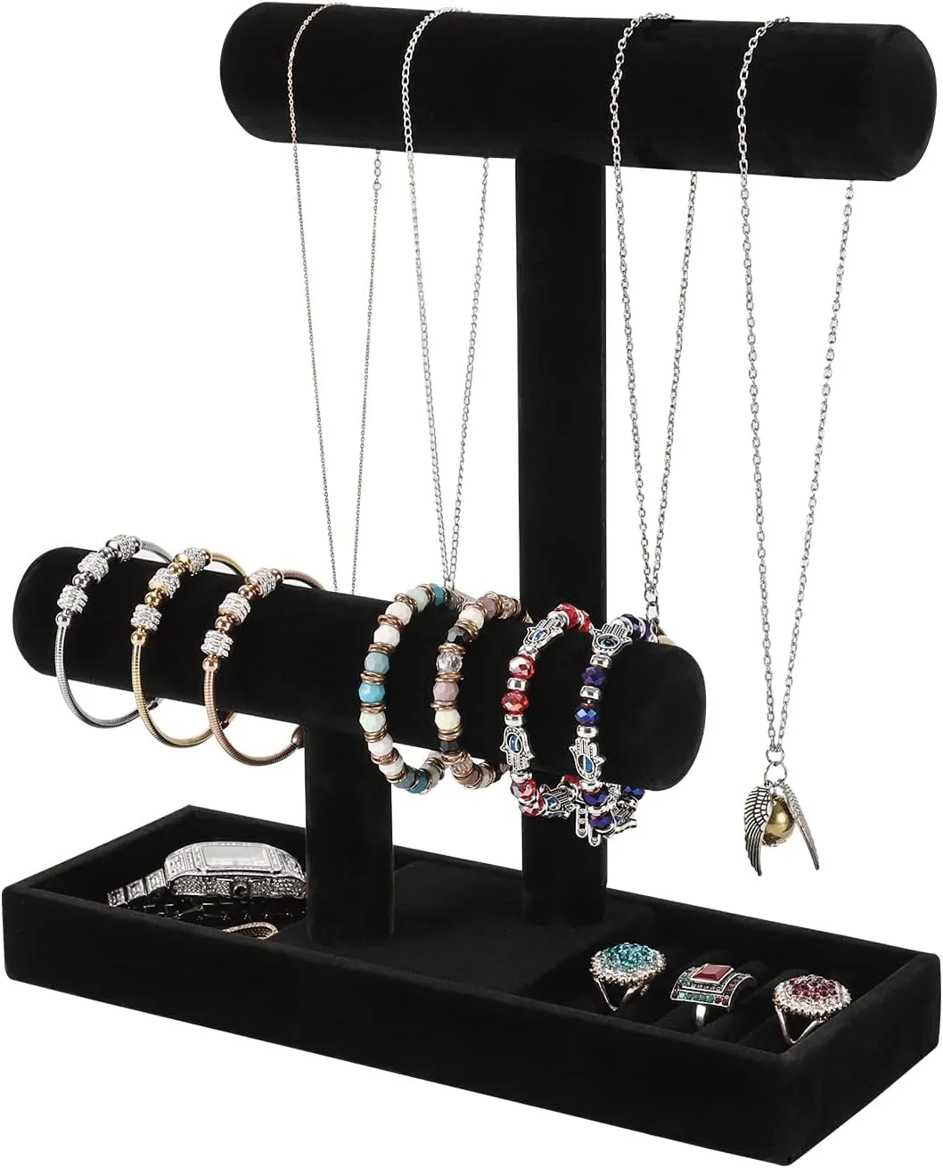 ByKen Necklace Holder,Bracelet Holder,Jewelry Organizer Stand with Earrings Rings Tray,Jewelry Holder for Scrunchie Watches (Black Velvet)