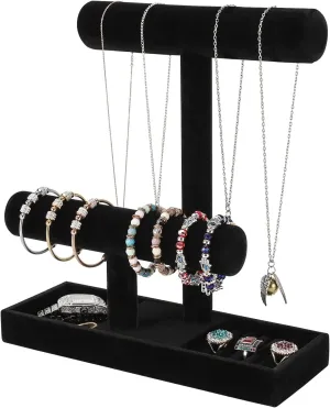 ByKen Necklace Holder,Bracelet Holder,Jewelry Organizer Stand with Earrings Rings Tray,Jewelry Holder for Scrunchie Watches (Black Velvet)