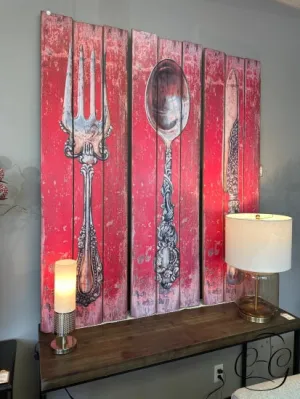 Distressed Red Set Of 3 Wooden Folk Art Fork, Knife, Spoon Wall Decor
