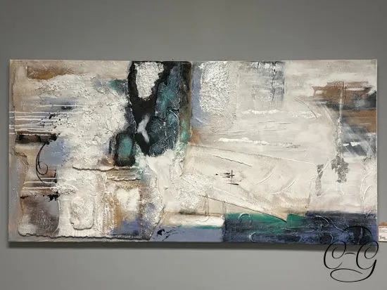 Embellished Silver Leaf, 3D, Blue, Green Rectangular Canvas Art
