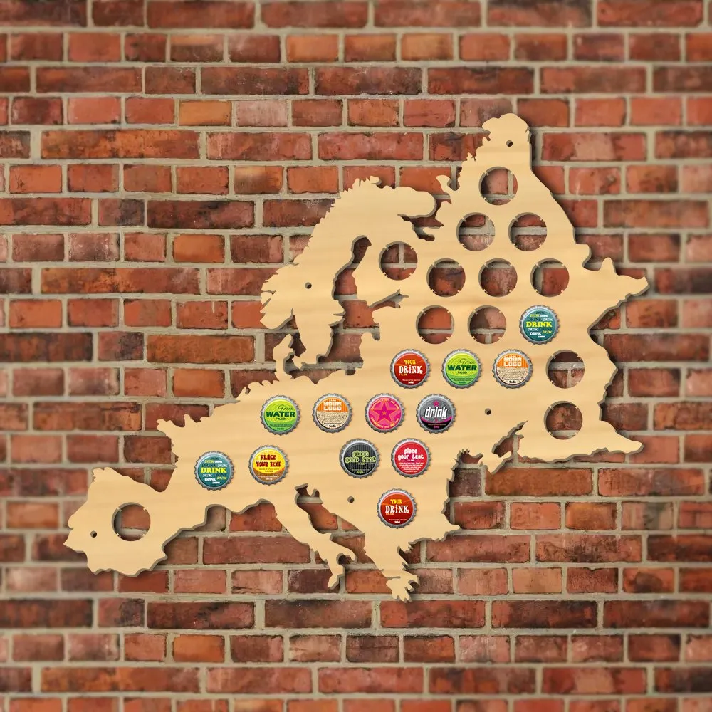European Beer Cap Map Pub Bar Wooden Wall Sign Beer Bottle Cap Display Holder Euro Wood Map Cap Catcher Man Cave Beer Lover Gift