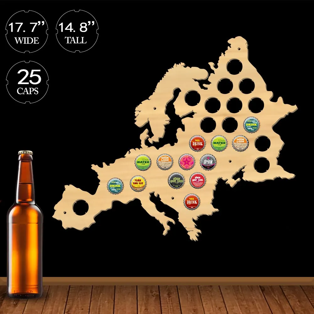 European Beer Cap Map Pub Bar Wooden Wall Sign Beer Bottle Cap Display Holder Euro Wood Map Cap Catcher Man Cave Beer Lover Gift