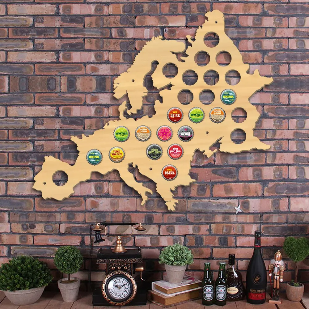 European Beer Cap Map Pub Bar Wooden Wall Sign Beer Bottle Cap Display Holder Euro Wood Map Cap Catcher Man Cave Beer Lover Gift
