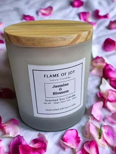 FLAME OF JOY Jasmine and Blossom Scented Soy Wax Jar Candle with Wooden Lid | 40Hrs. Burn Time | Handcrafted |100% Soy Wax | Smoke-Free & Non-Toxic | Home Office Decoration | Gifts | Aromatherapy