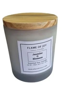 FLAME OF JOY Jasmine and Blossom Scented Soy Wax Jar Candle with Wooden Lid | 40Hrs. Burn Time | Handcrafted |100% Soy Wax | Smoke-Free & Non-Toxic | Home Office Decoration | Gifts | Aromatherapy