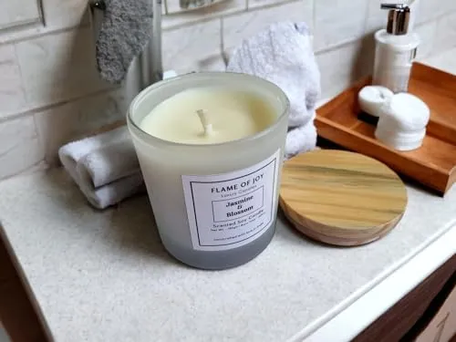 FLAME OF JOY Jasmine and Blossom Scented Soy Wax Jar Candle with Wooden Lid | 40Hrs. Burn Time | Handcrafted |100% Soy Wax | Smoke-Free & Non-Toxic | Home Office Decoration | Gifts | Aromatherapy