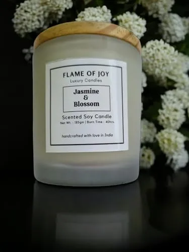 FLAME OF JOY Jasmine and Blossom Scented Soy Wax Jar Candle with Wooden Lid | 40Hrs. Burn Time | Handcrafted |100% Soy Wax | Smoke-Free & Non-Toxic | Home Office Decoration | Gifts | Aromatherapy