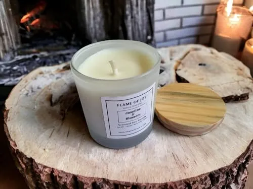 FLAME OF JOY Jasmine and Blossom Scented Soy Wax Jar Candle with Wooden Lid | 40Hrs. Burn Time | Handcrafted |100% Soy Wax | Smoke-Free & Non-Toxic | Home Office Decoration | Gifts | Aromatherapy
