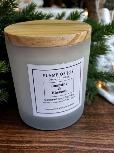 FLAME OF JOY Jasmine and Blossom Scented Soy Wax Jar Candle with Wooden Lid | 40Hrs. Burn Time | Handcrafted |100% Soy Wax | Smoke-Free & Non-Toxic | Home Office Decoration | Gifts | Aromatherapy