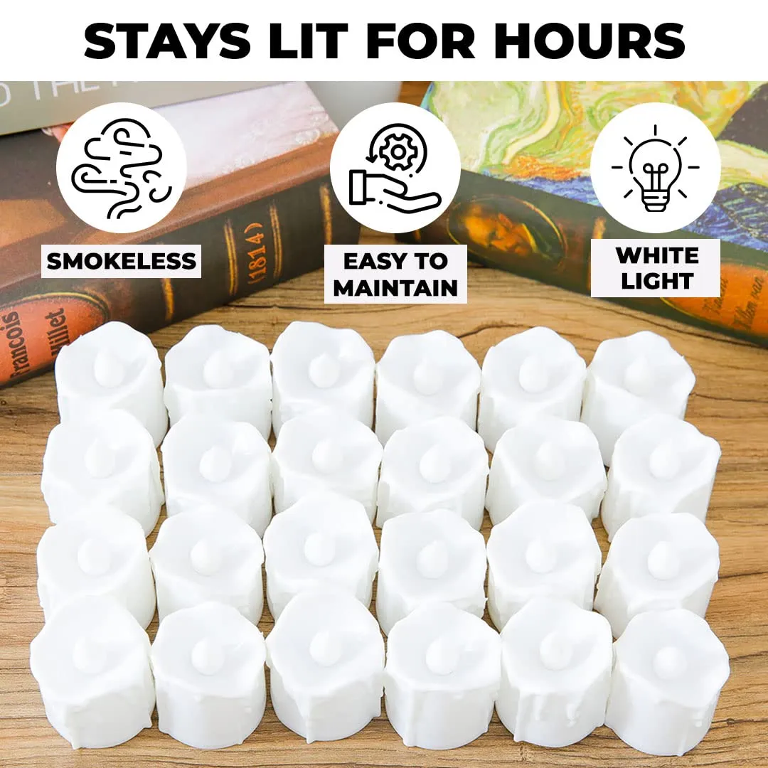 Kuber LED Tea Light Candles for Home Decor |Battey Operated |Flameless Yellow Light |Diwali Lights for Home Decoration, Festivities & Parties (Melted Candle with White|Pack of 24