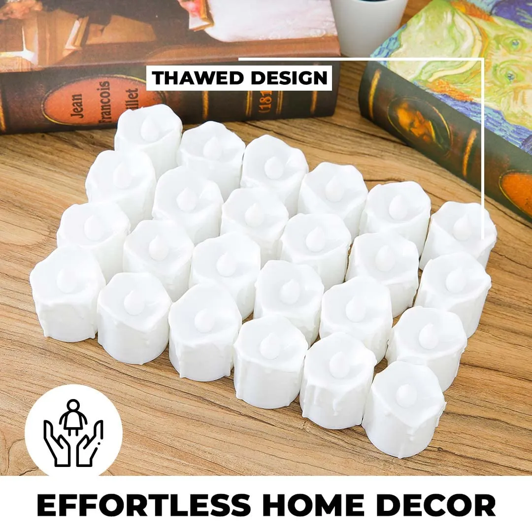Kuber LED Tea Light Candles for Home Decor |Battey Operated |Flameless Yellow Light |Diwali Lights for Home Decoration, Festivities & Parties (Melted Candle with White|Pack of 24