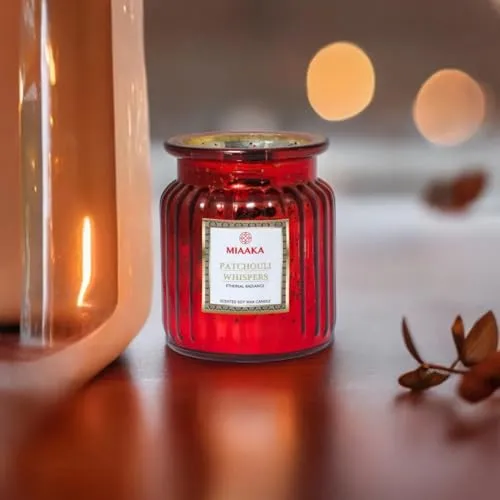 MIAAKA Ethereal Radiance Fluted Glass Jar Hand Poured Scented Candle Patchouli Whispers (Rose Petals) Fragrance 435gm