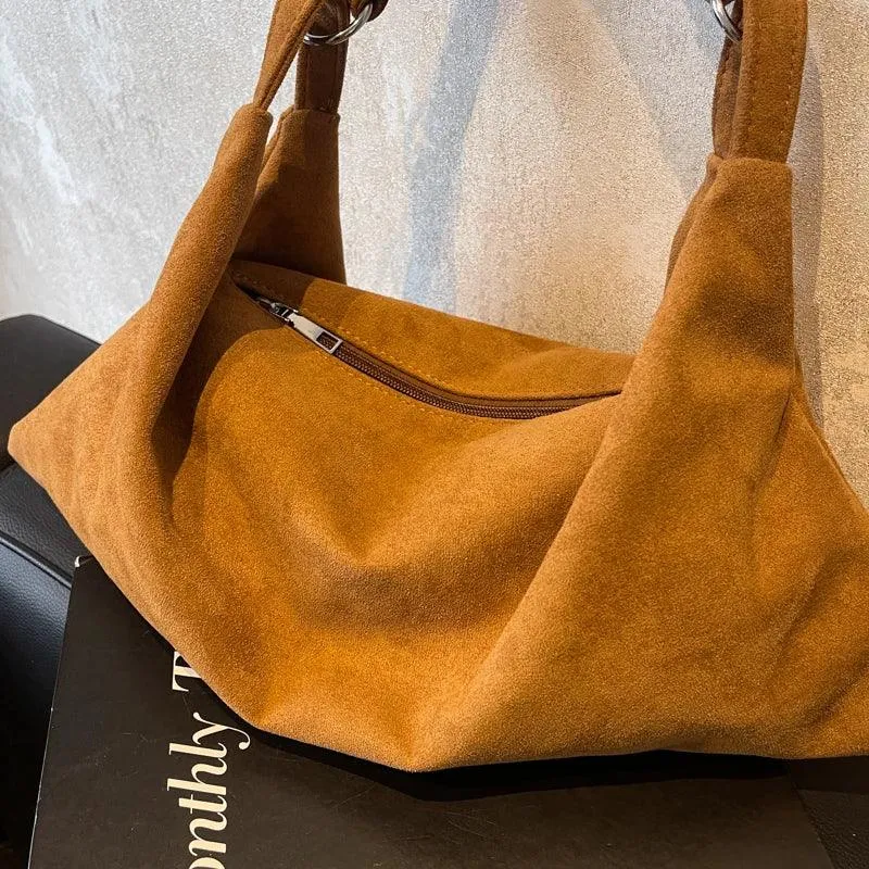 Shoulder Bags Nubuck Velvet Leather Women's Large Zipper Soft Handbags