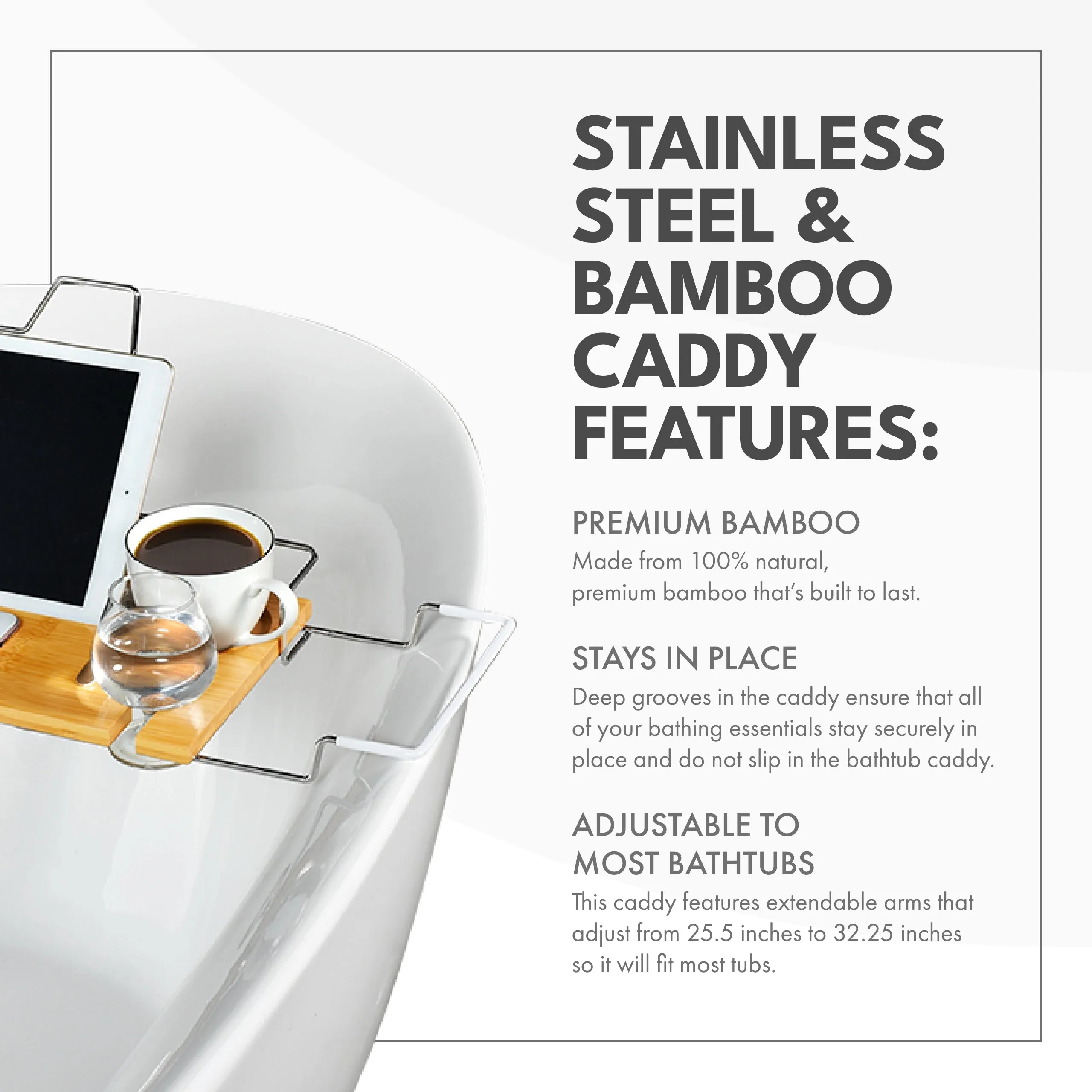Stainless Steel   Bamboo Bathtub Caddy