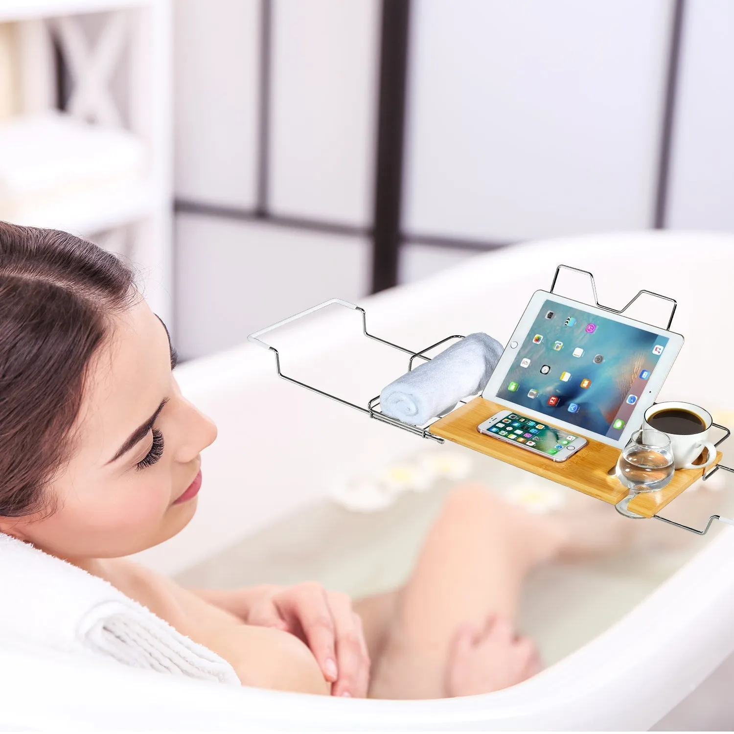 Stainless Steel   Bamboo Bathtub Caddy