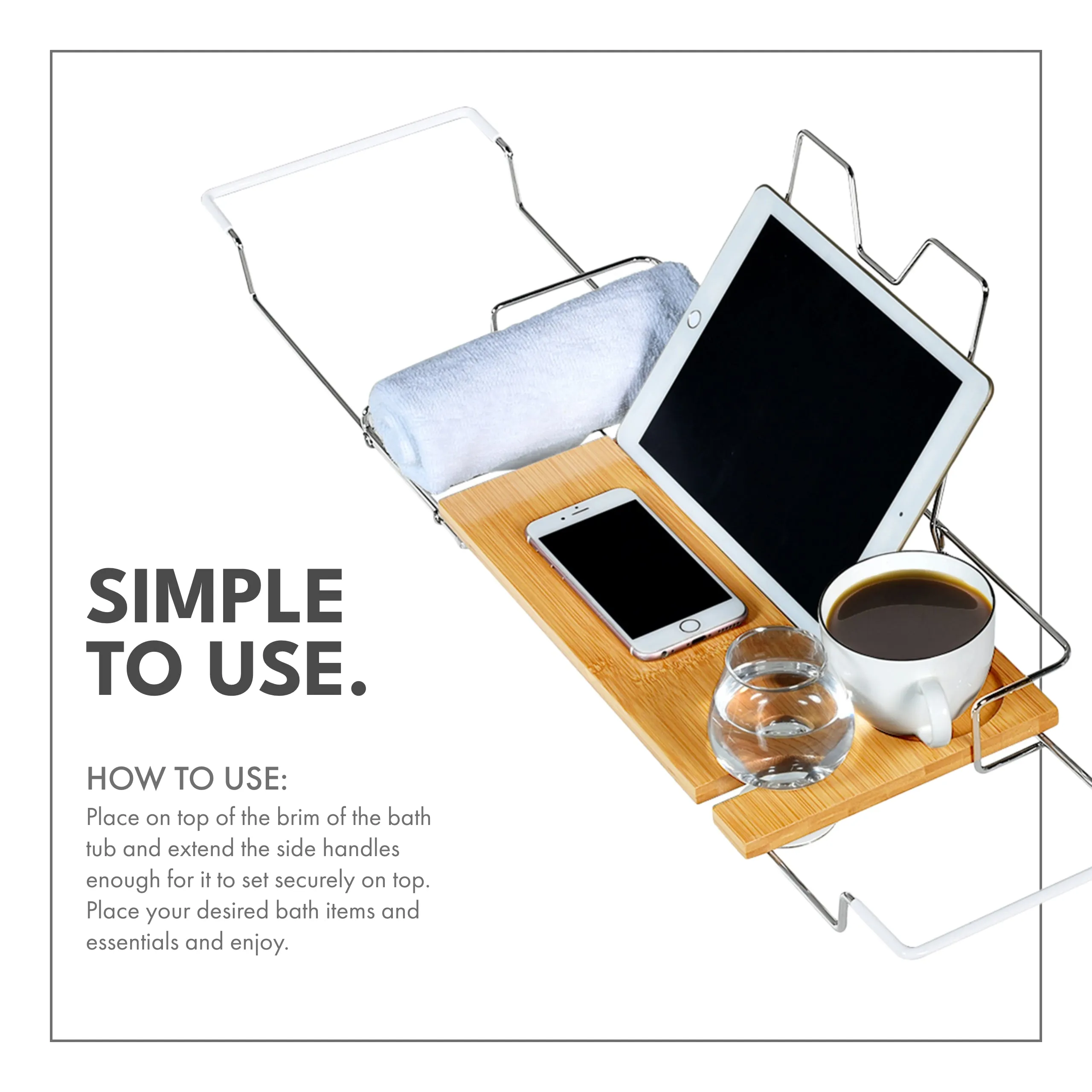 Stainless Steel   Bamboo Bathtub Caddy