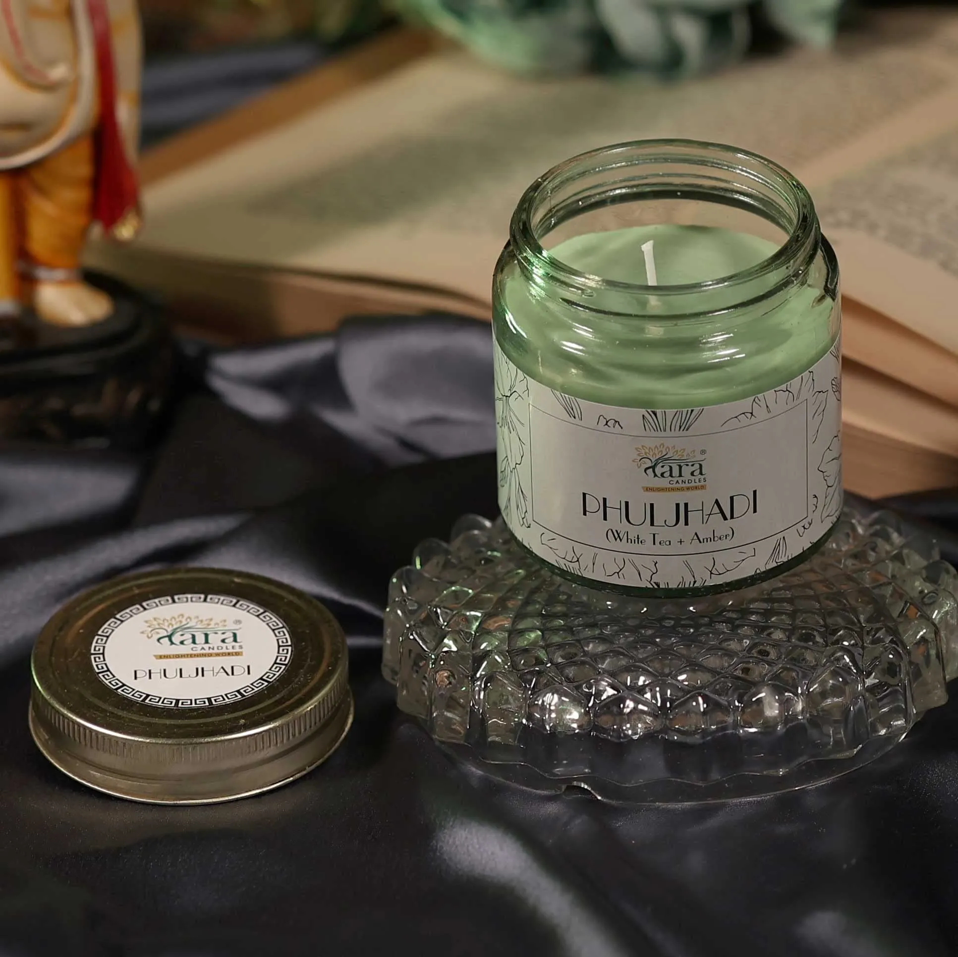Tara Scented Candle-Pataka of India-Phuljhadi White Tea   Amber Aromatherapy|375 gm,Burn Time Upto 48 Hrs|Glass Jar with Screw lid|Handcrafted,Luxury Gift, Home Décor,Gift for Her|Single Wick|Large