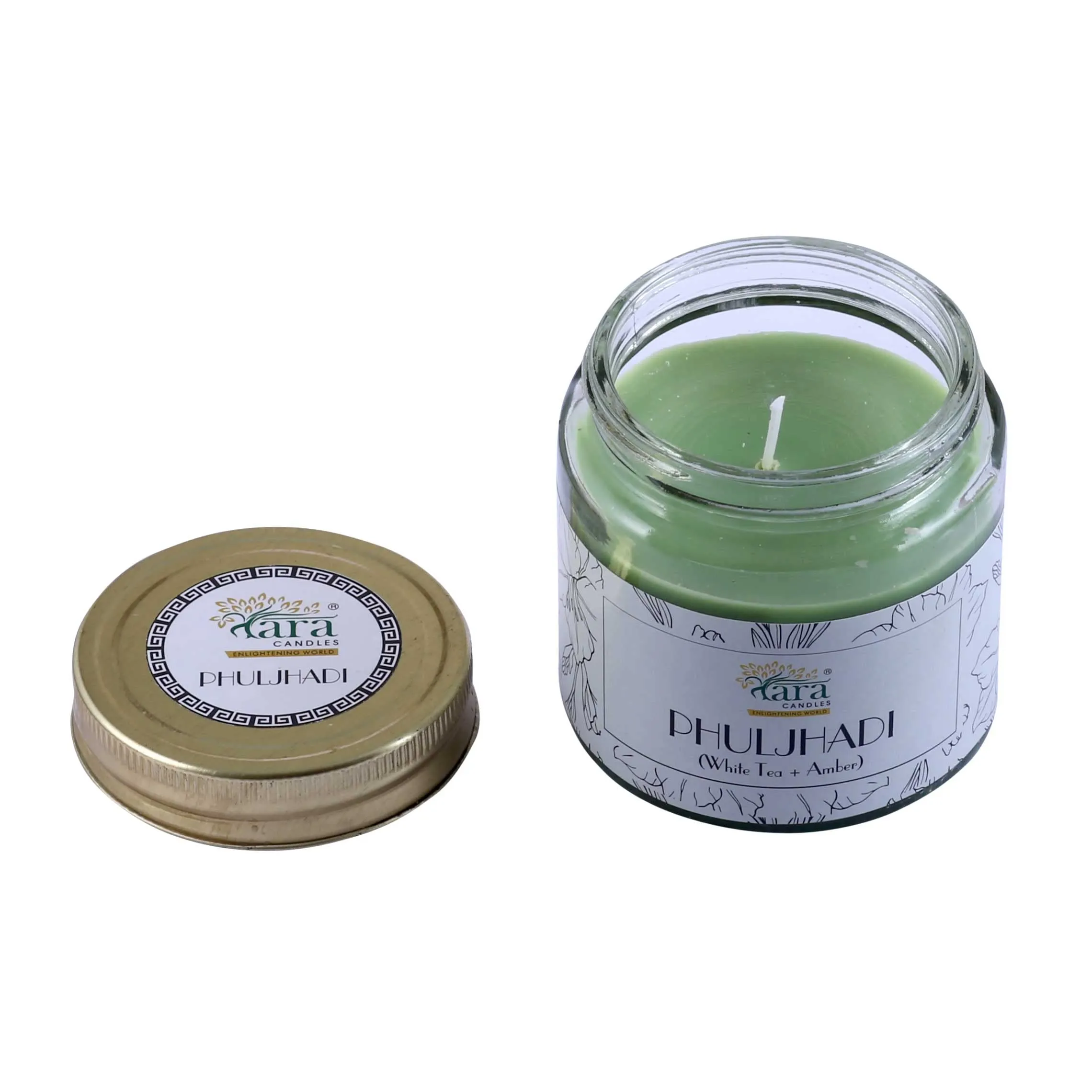 Tara Scented Candle-Pataka of India-Phuljhadi White Tea   Amber Aromatherapy|375 gm,Burn Time Upto 48 Hrs|Glass Jar with Screw lid|Handcrafted,Luxury Gift, Home Décor,Gift for Her|Single Wick|Large